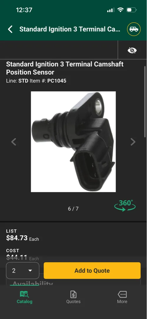 Parts supplier app showing a camshaft position sensor with a list price of $84.73 above the trade cost