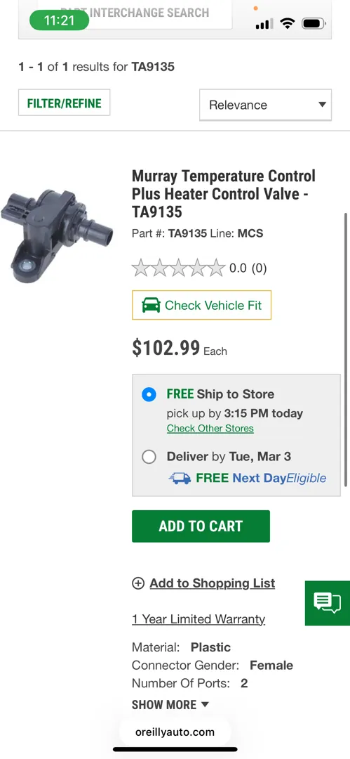 Parts catalogue listing on a phone showing a temperature control heater valve priced at $102.99